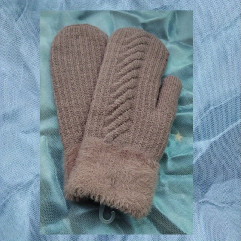 Women Fashion Knit Twist Flowers Mittens, Winter Plus Velvet Thickening Warm Full Finger Gloves