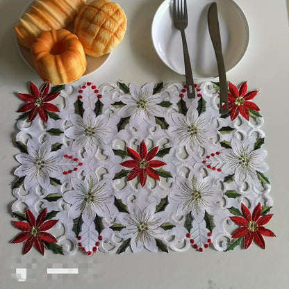 Festive Christmas Floral Embroidered Lace Table Runner and Placemats Set – Elegant Polyester Holiday Decor for Dining Room