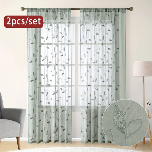 2pcs Sheer Curtains With Embroidery Leaf Pattern, Rod Pocket Faux Linen Floral Semi Curtains Voile Window Curtains Kitchen Curtains, Drapes for Bedroom Living Room