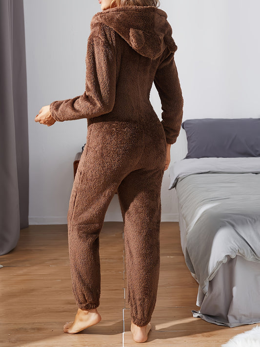 Solid Fuzzy Hooded Jumpsuit For Music Festival, Long Sleeve Zip Up Pajamas, Women's Sleepwear & Loungewear