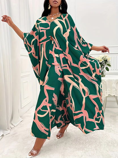 Two-Piece All Over Print Elegant Outfit - V Neck Batwing Sleeve Slit Top & High-Waisted Pants Set - Polyester, Non-Elastic, Woven, Random Print, Suitable for All Seasons