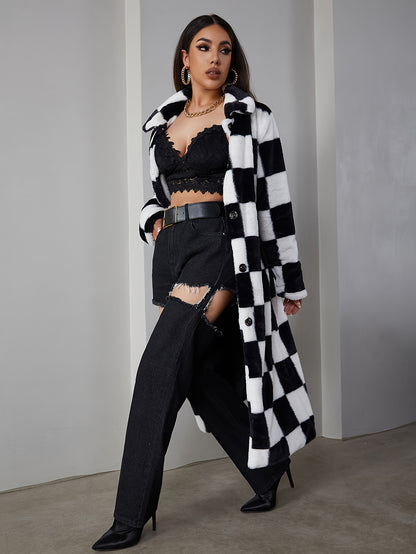 Stylish Plaid Faux Fur Long Sleeve Double Breasted Coat - Women's Winter Warm Fulffy Over Knee Length Outwear with Soft Faux Fur Lining and Adjustable Buttons - Perfect for Cold Weather