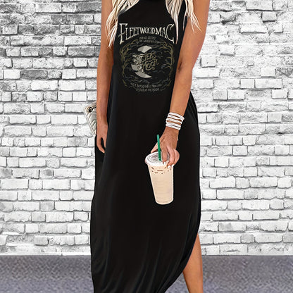Fleet Wood Mac Print Sleeveless Tee Dress, Casual Tank Dress For Spring & Summer, Women's Clothing