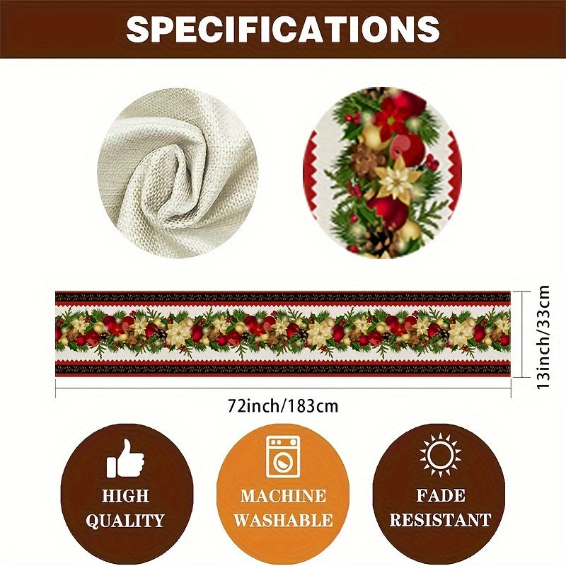 13" x 72" Festive Striped Table Runner - Vibrant Polyester Rectangular Cloth with Floral and Bell Design, Machine Washable, Fade Resistant, and Easy to Clean for Holiday Dining Decorations