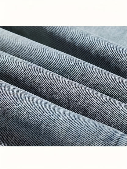Men's Street Style Loose Fit Denim Jeans - Washed Solid Color Extra Long Straight Leg Trousers, Cotton 75%, Polyester 25%, Non-Stretch, All-Season Woven Fabric