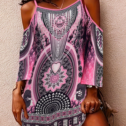 Boho Chic Cold Shoulder Flare Dress - Flowy & Feminine Spaghetti Strap Gown - Perfect for Beach Vacations, Sundrenched Style - Womens Casual Clothing