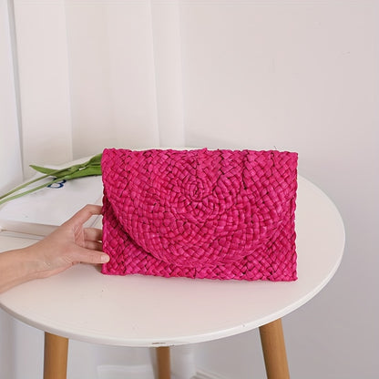 Women's Fashion Flap Envelope Straw Bag, Summer Beach Handmade Wallet, Clutch Solid Color Travel Wallet