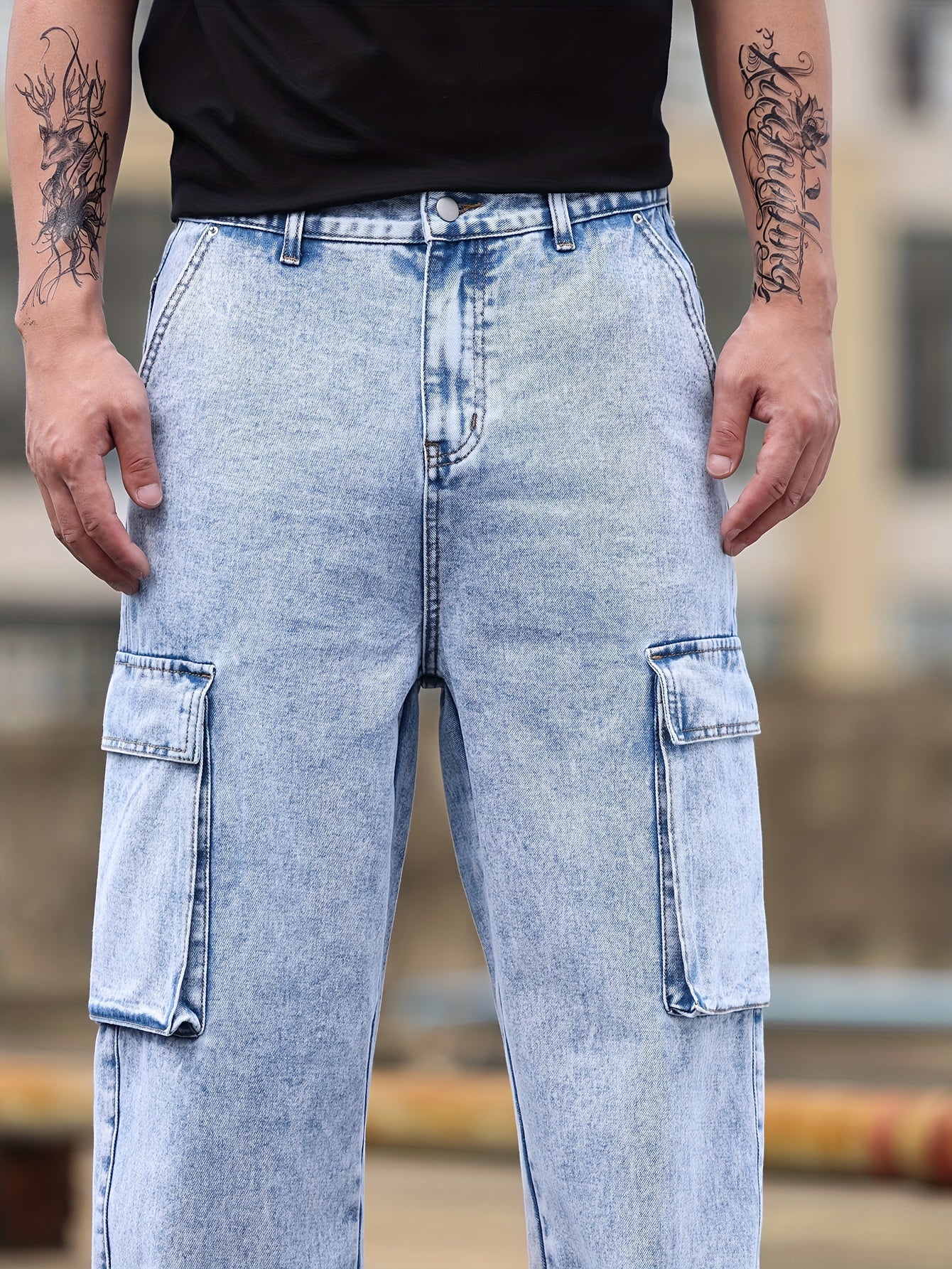 Men's Street Style Cargo Denim Pants, Relaxed Fit Straight Leg Jeans With Side Pockets, Casual Urban Fashion