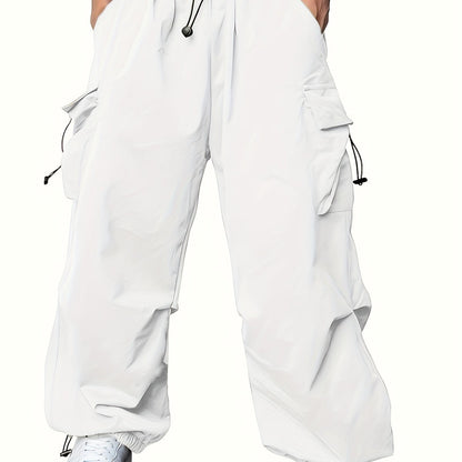 Men's Solid Color Baggy Cargo Pants With Drawstrings, Multi-pocket Casual Stylish Outdoor Trousers As Gift