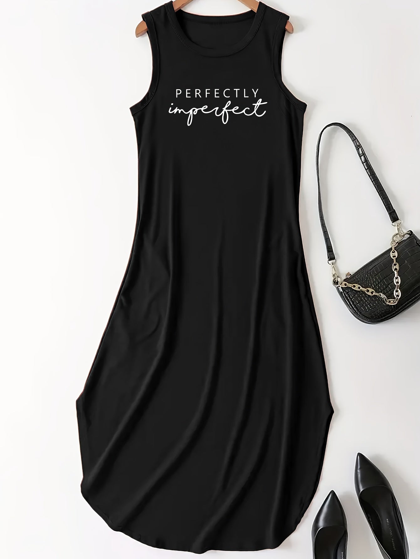 Chic Letter Print Maxi Dress - Casual Crew Neck Sleeveless Style - Comfortable Womens Tank Dress for Everyday Glamour