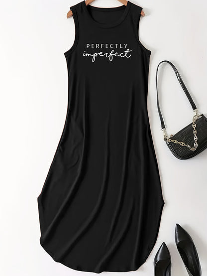Chic Letter Print Maxi Dress - Casual Crew Neck Sleeveless Style - Comfortable Womens Tank Dress for Everyday Glamour