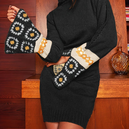 Bohemian Chic Patchwork Turtleneck Knitted Dress - Cozy Flared Cuff Long Sleeve Style - Trendy Womens Winter Wear