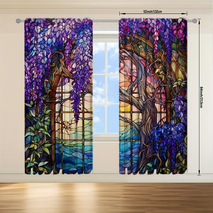 2pcs Stained Glass Flower Wisteria Printed Curtain For Home Decor Rod Pocket Window Treatment For Bedroom, Office, Kitchen, Living Room, And Study