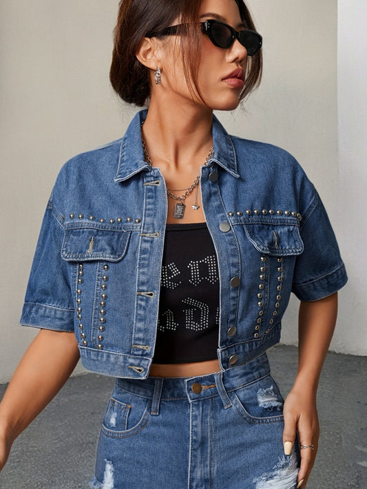 Stylish Denim Top - Sleek Short Sleeves, Eye-Catching Studded Accents, Classic Lapel Collar, Timeless Single-Breasted Design, Relaxed Fit for Everyday Wear - Womens Fashion, Part of Our Denim Collection