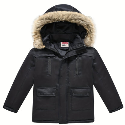 Teenagers Lapel Collar Winter Coat - Detachable Hood, Zipper Closure, Polyester Fabric, Regular Fit, Hand Washable - Solid Color, Casual Style, Woven Construction
