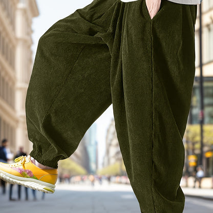Super Loose Fit Mens Corduroy Trousers - Ultra Comfy Drawstring Harem Pants for Yoga, Streetwear - Soft Polyester, Solid Color, Regular Length, Non-Stretch, Perfect for Spring and Fall Seasons