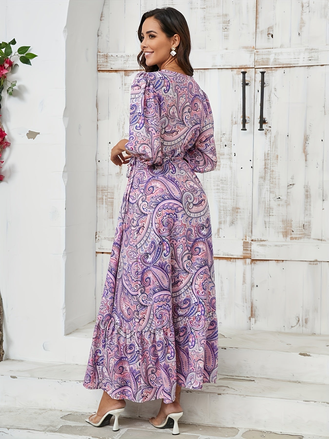 3/4 Sleeve Paisley Print Wrap Maxi Dress - Elegant V Neck, Adjustable Tied Waist, Dramatic Split, Floor-Sweeping Length, Bohemian Chic Style - Womens Clothing, Perfect for Boho Fashion Lovers