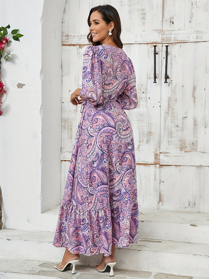 3/4 Sleeve Paisley Print Wrap Maxi Dress - Elegant V Neck, Adjustable Tied Waist, Dramatic Split, Floor-Sweeping Length, Bohemian Chic Style - Womens Clothing, Perfect for Boho Fashion Lovers