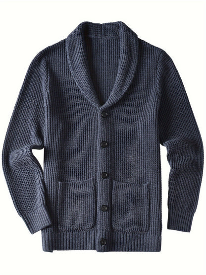 Mens Long Sleeve Green Shawl Collar Solid Color Acrylic Knit Cardigan Sweater with Pocket - Soft, Slight Stretch Fabric, Regular Fit, Placket Closure - Perfect for Fall and Winter Seasons