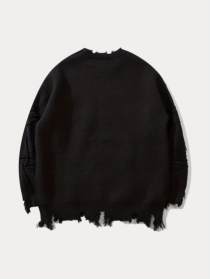 Stylish Letters Pattern Ripped Knitted Pullover Sweater - Breathable, Casual, Long Sleeve, Crew Neck, Soft, Comfortable Top for City Walk, Street Hanging, Outdoor Activities, K-pop Fashion - Perfect for Men's Daily Wear