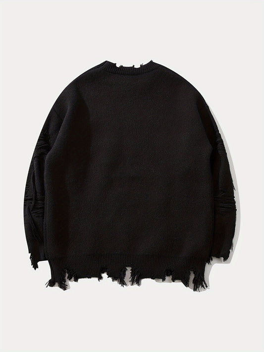 Stylish Letters Pattern Ripped Knitted Pullover Sweater - Breathable, Casual, Long Sleeve, Crew Neck, Soft, Comfortable Top for City Walk, Street Hanging, Outdoor Activities, K-pop Fashion - Perfect for Men's Daily Wear