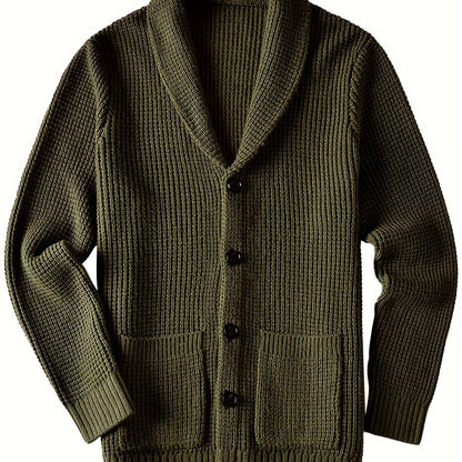 Mens Long Sleeve Green Shawl Collar Solid Color Acrylic Knit Cardigan Sweater with Pocket - Soft, Slight Stretch Fabric, Regular Fit, Placket Closure - Perfect for Fall and Winter Seasons