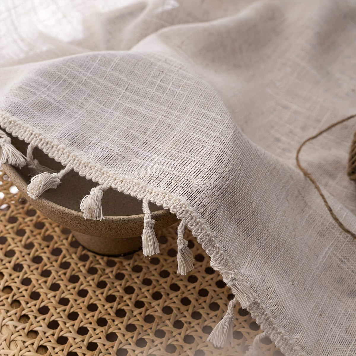 1pc Luxurious Bohemian Cotton and Linen Lace Curtain with Tassel - Elegant Rod Pocket Design for Kitchen, Bedroom, Study, Cafe, Living Room - Home Decor Essential with Natural Texture and Chic Style