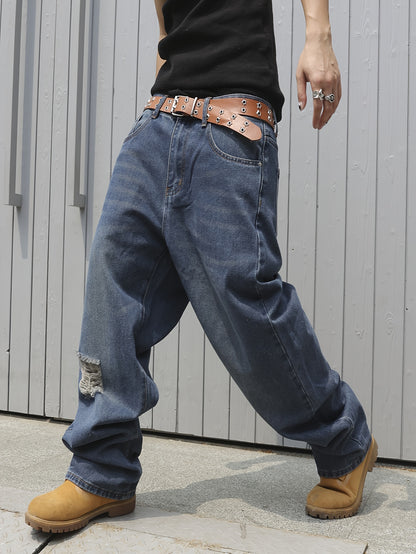 Men's Cotton Blend Chic Daily Ripped Baggy Jeans, Hip Hop Style Loose Fit Streetwear Denim Jeans