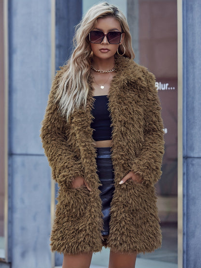Luxurious Faux Fur Plush Jacket - Warm Long Sleeve Winter Coat for Women with Pockets - Soft, Casual, and Stylish Outerwear for Cold Weather