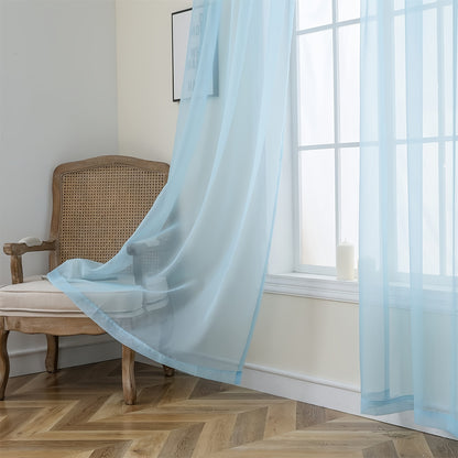 4-piece Pure Color Light Blue Translucent Filter Tulle Curtains, Hanging On The Top, Comfortable And Soft Material, Translucent, Suitable For Bedroom And Living Room