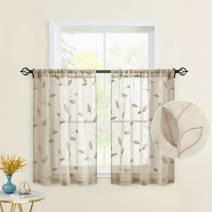 2pcs Sheer Curtains With Embroidery Leaf Pattern, Rod Pocket Faux Linen Floral Semi Curtains Voile Window Curtains Kitchen Curtains, Drapes for Bedroom Living Room