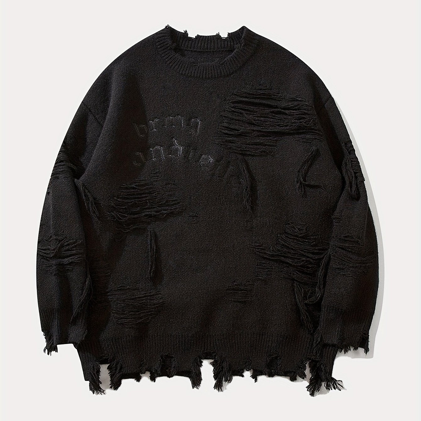 Stylish Letters Pattern Ripped Knitted Pullover Sweater - Breathable, Casual, Long Sleeve, Crew Neck, Soft, Comfortable Top for City Walk, Street Hanging, Outdoor Activities, K-pop Fashion - Perfect for Men's Daily Wear