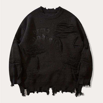 Stylish Letters Pattern Ripped Knitted Pullover Sweater - Breathable, Casual, Long Sleeve, Crew Neck, Soft, Comfortable Top for City Walk, Street Hanging, Outdoor Activities, K-pop Fashion - Perfect for Men's Daily Wear