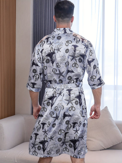 Stylish Star Print Sleep Robe - Soft Viscose Fabric, Relaxed Fit, Breathable, Comfortable, Casual Mens Nightgown for Summer - Essential Loungewear for Men