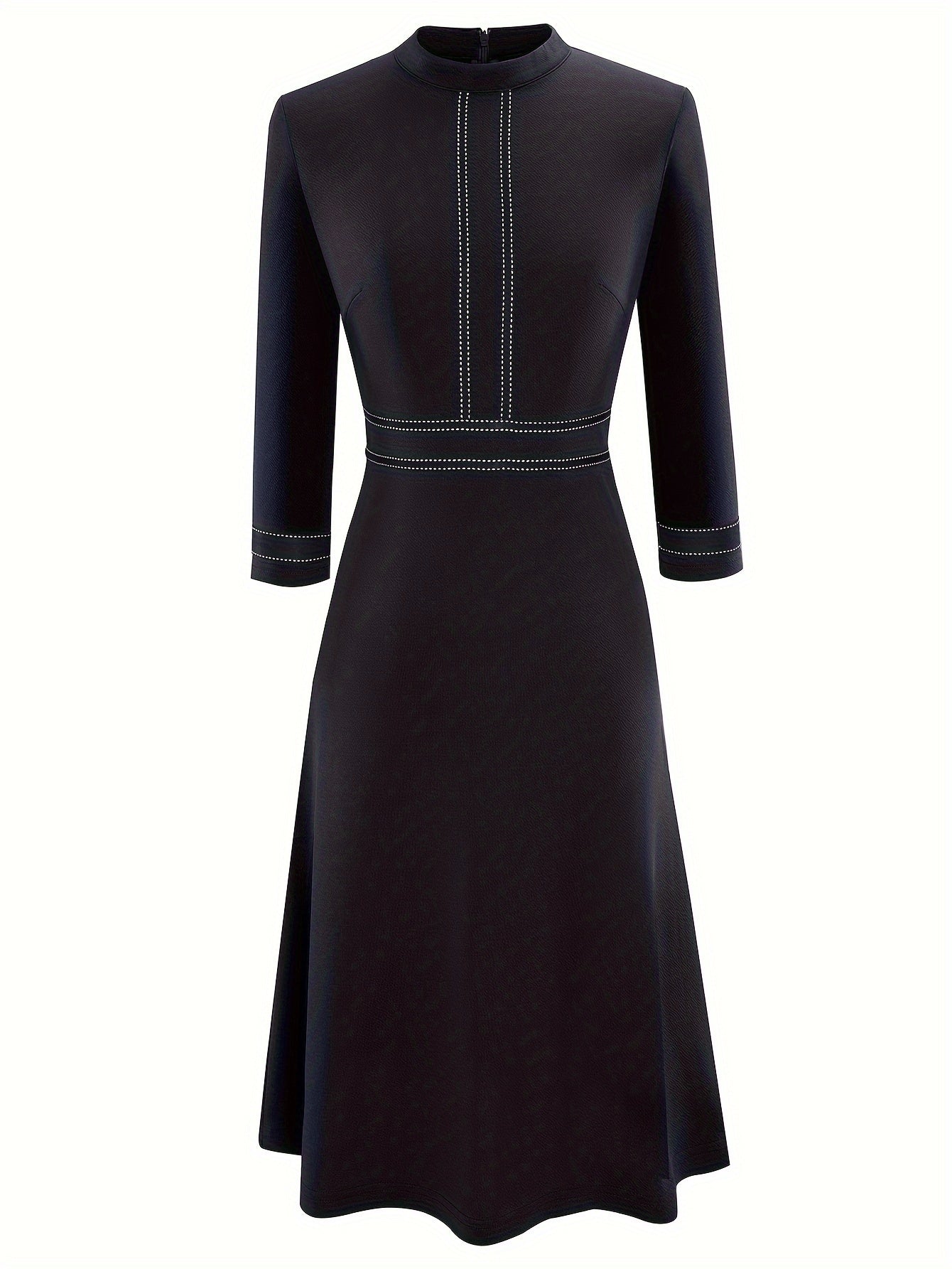Chic Crew Neck A Line Dress with Flattering 3/4 Sleeves - Timeless Knee-Length Style for Multiple Occasions - Premium Womens Clothing