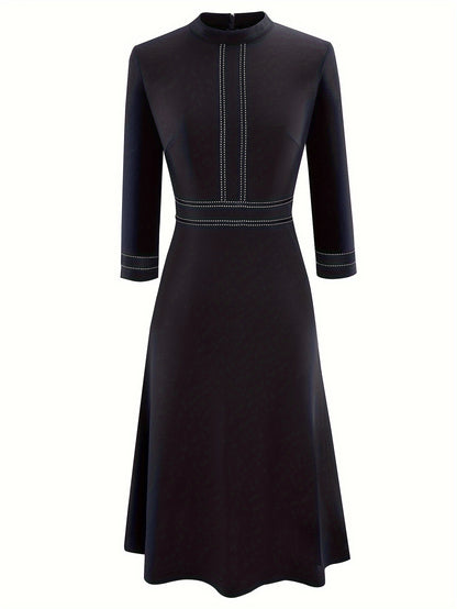 Chic Crew Neck A Line Dress with Flattering 3/4 Sleeves - Timeless Knee-Length Style for Multiple Occasions - Premium Womens Clothing