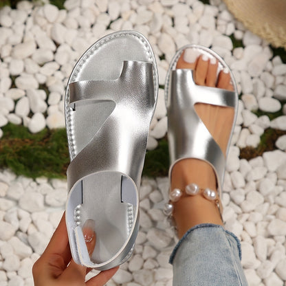 Stylish Comfort: Breathable Faux Leather Flat Sandals with Secure Toe-Strap, Hook Closure