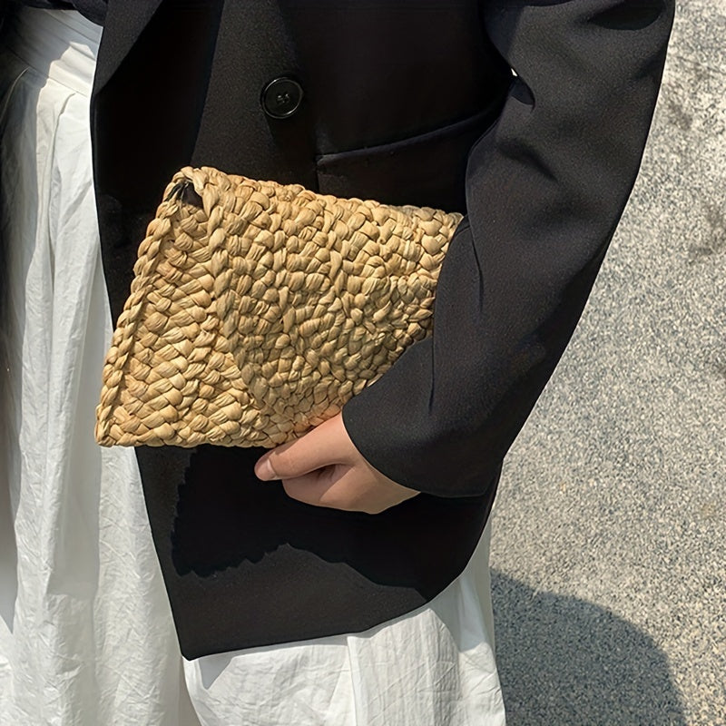 Women's Fashion Flap Envelope Straw Bag, Summer Beach Handmade Wallet, Clutch Solid Color Travel Wallet