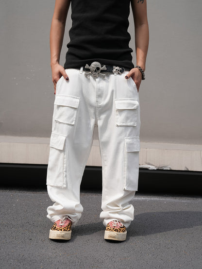 Men's Loose 100% Cotton Solid Denim Cargo Pants With Multi Pockets, Causal Jeans For Outdoor Activities