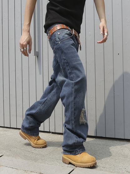 Men's Cotton Blend Chic Daily Ripped Baggy Jeans, Hip Hop Style Loose Fit Streetwear Denim Jeans