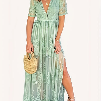 Romantic Lace Plunge Neck A-line Dress - Flirty Short Sleeves, Adjustable Split Hem for Spring & Summer Vacations - Womens Chic Casual Wear