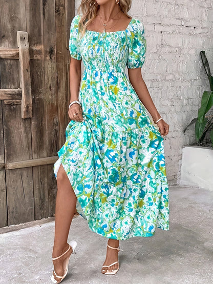 Charming Floral Print Square Neck Dress - Flattering Shirred Waist & Puff Sleeves - Perfect Spring & Summer Style for Women