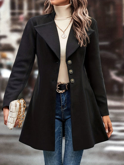Classic Single Button Lapel Long Sleeve Solid Color Polyester Knit Overcoat - Elegant Winter Outwear with Micro Elasticity and Versatile Style - Perfect for Womens Formal Occasions