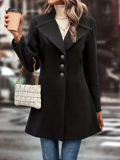 Classic Single Button Lapel Long Sleeve Solid Color Polyester Knit Overcoat - Elegant Winter Outwear with Micro Elasticity and Versatile Style - Perfect for Womens Formal Occasions