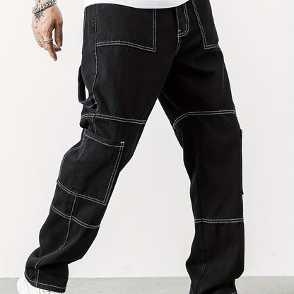 Mens Casual Cargo Pants with Spacious Pockets - Comfortable Straight Leg, Loose Fit Denim Style - Perfect for Outdoor Adventures, Trendy K-pop Inspired