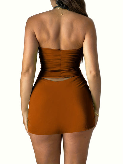 Two-Piece Halter Top & Bodycon Mini Skirt Set - Skirt Suits for Women, Casual, Body-Hugging, Mini Length, Halter Neckline, Comfortable, Versatile Outfit