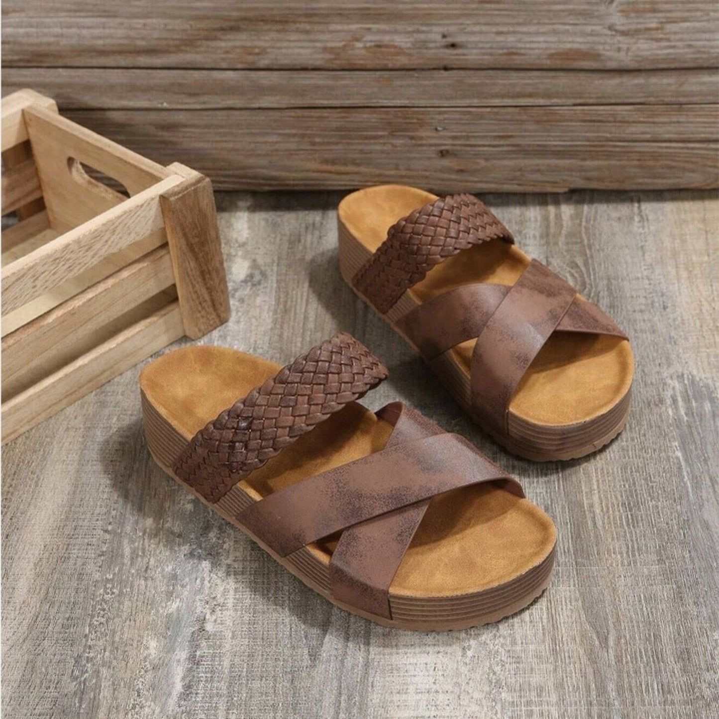 Mid Heel Braided Sandals - Elegant Open Toe Slippers with Thick Rubber Sole, Fabric Upper and Inner, Buckle Closure, Solid Color, All-Season Wear for Women