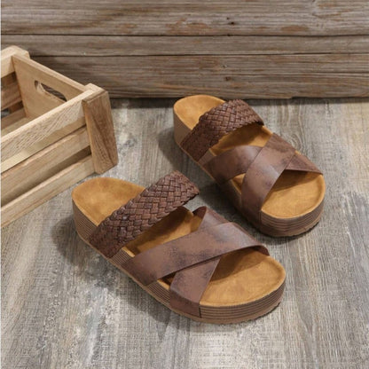 Mid Heel Braided Sandals - Elegant Open Toe Slippers with Thick Rubber Sole, Fabric Upper and Inner, Buckle Closure, Solid Color, All-Season Wear for Women