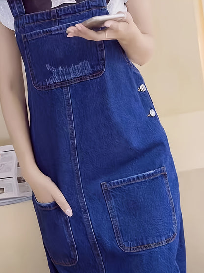 Ripped Denim Overall Dress with Patched Pockets - Trendy Washed Effect, Non-Stretch Casual Style - Perfect Womens Denim Clothing for Everyday Wear