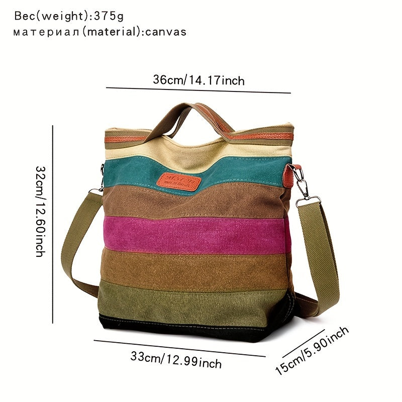Spacious Vintage Canvas Bag for Women: Chic Striped Stitching, Versatile Tote/Crossbody Design with Drawstring Closure